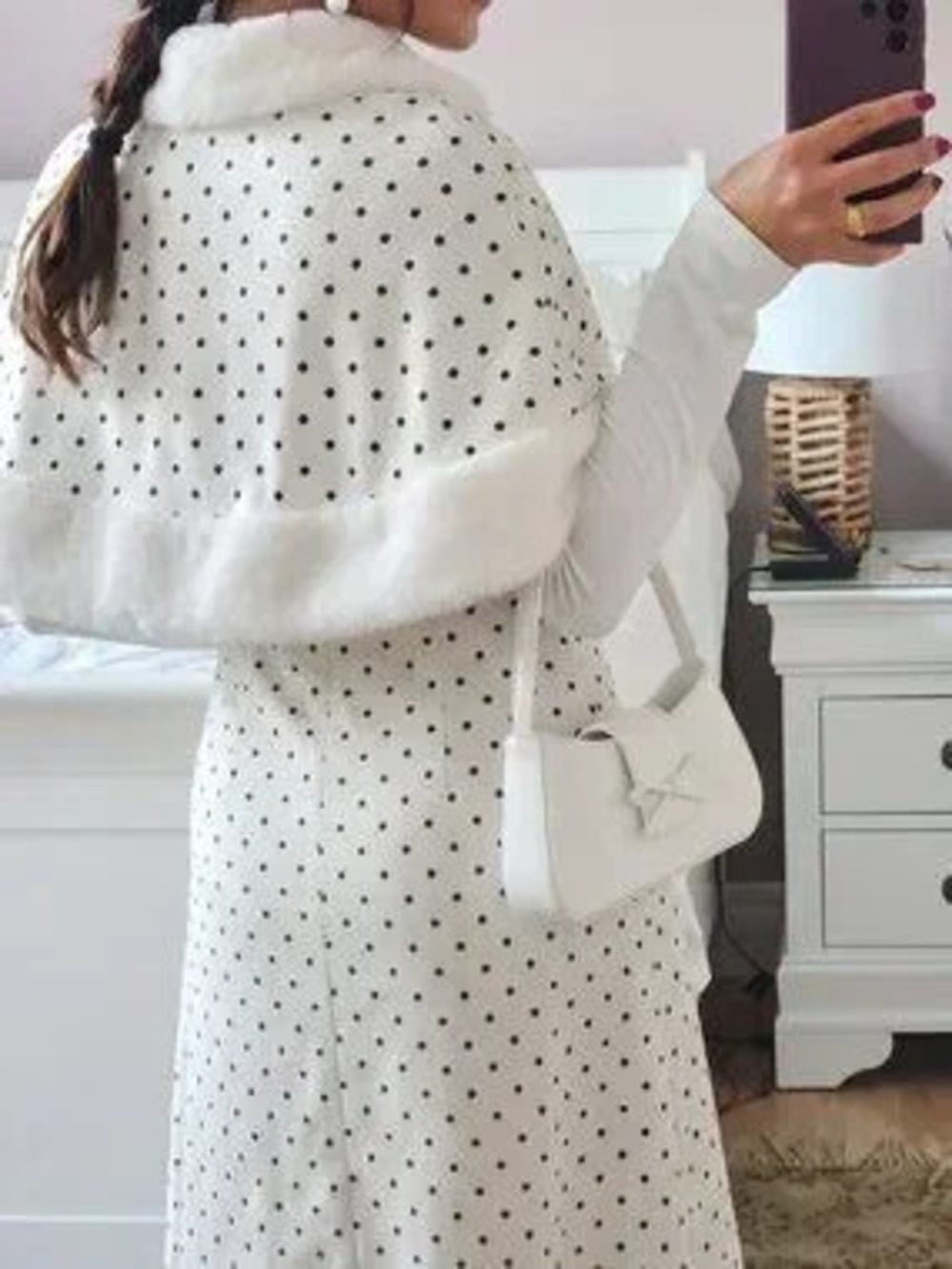 ZARA White Elegant Women's Pure Desire Style Polka Dot Fur Trim Cape Coat